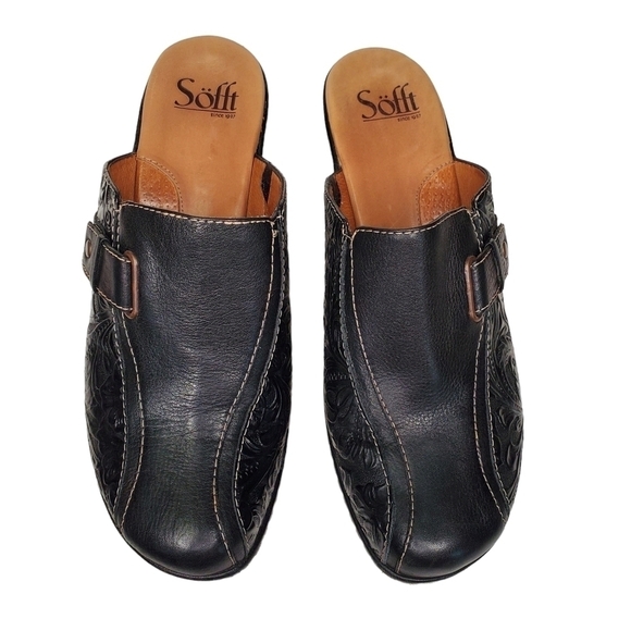 Sofft Dory Clogs, Black Floral Embossed Leather, Heeled Slip On Mule, Size 9M - Picture 4 of 11